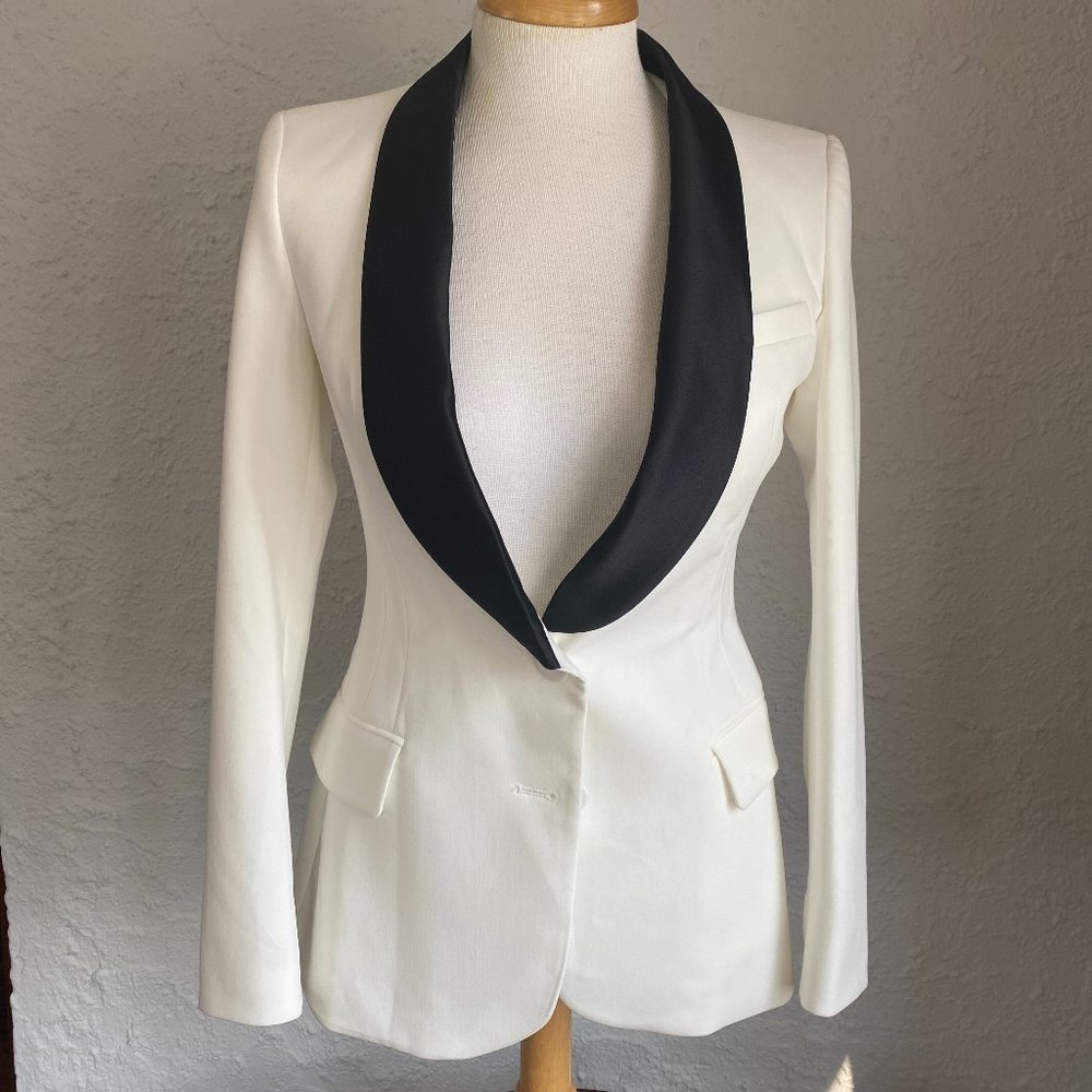 Zara Basic White Tuxedo Jacket with Black Collar